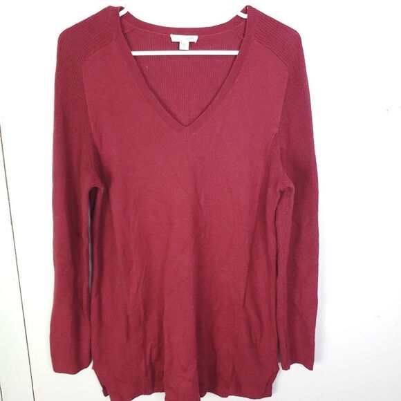 J Jill Sweater Womens M V Neck Knit Ribbed Sleeves Maroon Tunic Length Solid - Picture 1 of 8